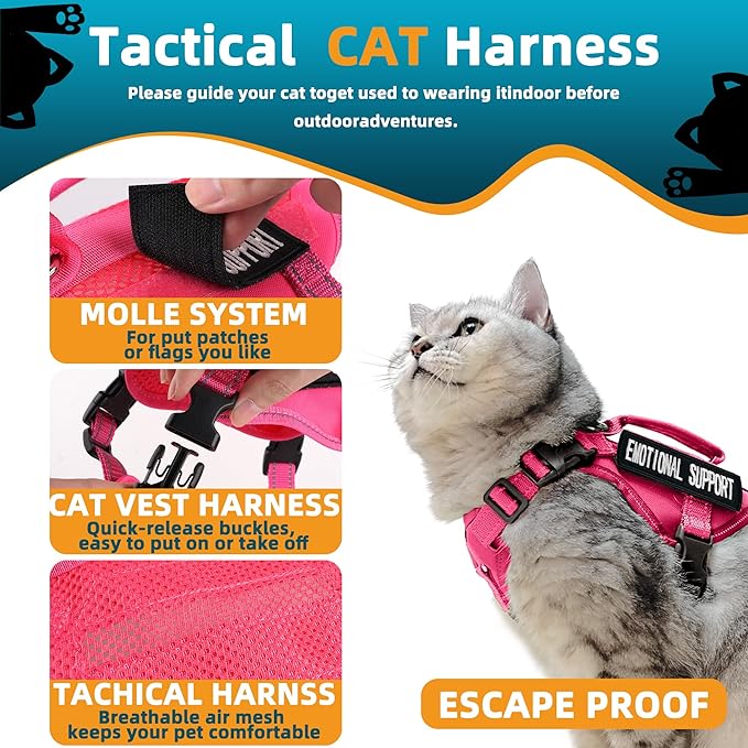 Tactical Cat Harness and Leash Pink for Walking Esacpe Proof, Adjustable Soft Mesh Large Cat Vest with Handle Easy to Control,Molle Patches XL