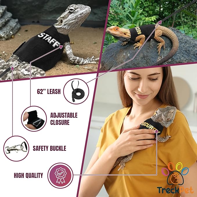 Premium 2Pack Bearded Dragon Leash and Harness Set-Costume and Clothes for Lizard-Adjustable Bearded Dragon Harness for Secure Walks-Fun Staff and Security Designs