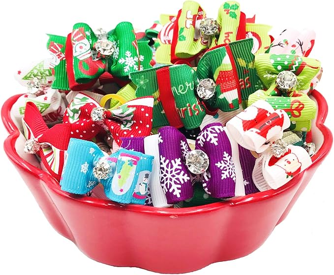 PET SHOW 20pcs Christmas Dog Hair Bows with Rubber Bands for Small Medium Dogs Xmas Holiday Puppies Cats Kittens Rabbits Topknot Grooming Costumes Hair Accessories
