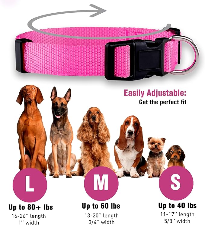 Native Pup Basic Nylon Dog Collar, Adjustable for Small, Medium, Large pet and Puppies Accessories, Cute Colors for Male, Female, boy, Girl, Puppy (Large, Hot Pink)