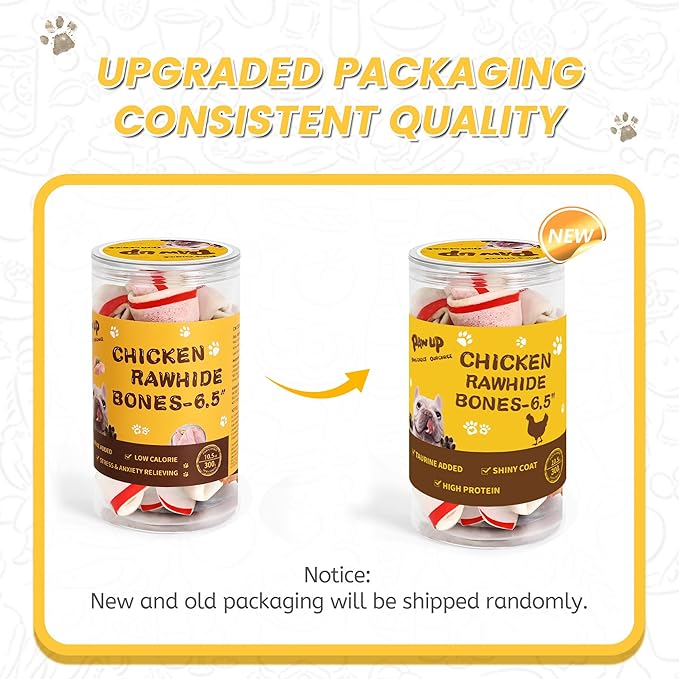 Dog Treat Rawhide Bones with Chicken (6.5 ", 4 pcs), Dog Chews Beefhide Treats w/Taurine, 10.5 oz