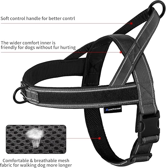 Annchwool No Pull Dog Harness with Soft Padded Handle,Reflective Strip Escape Proof and Quick Fit to Adjust Dog Harness,Easy for Training Walking for Small & Medium and Large Dogs(Black,XS,1 In Width)