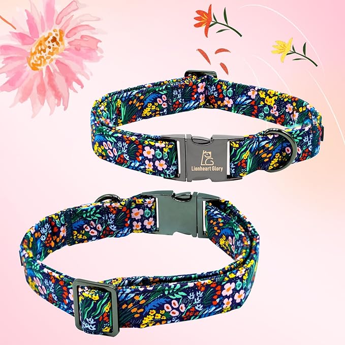 Lionheart glory Dog Collar Darkblue Flower Dog Bow Collars Floral Dog Collar with Flower Male or Female Spring Fall Pet Gift Durable Adjustable Dog Collar for Large Dogs