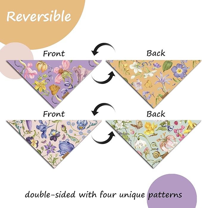 Summer Dog Bandanas 2 Pack, 4 Pattern Reversible Spring Flower Dog Bandana, Adjustable, Washable, Triangle Scarf for Medium to Extra Large Breed Dogs, boy and Girl (X-Large)