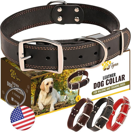 ADITYNA Heavy Duty Leather Dog Collar for Large Dogs - Soft and Strong Black Leather Collar for Walking and Training (Large: Fit 17" - 23" Neck, Black)