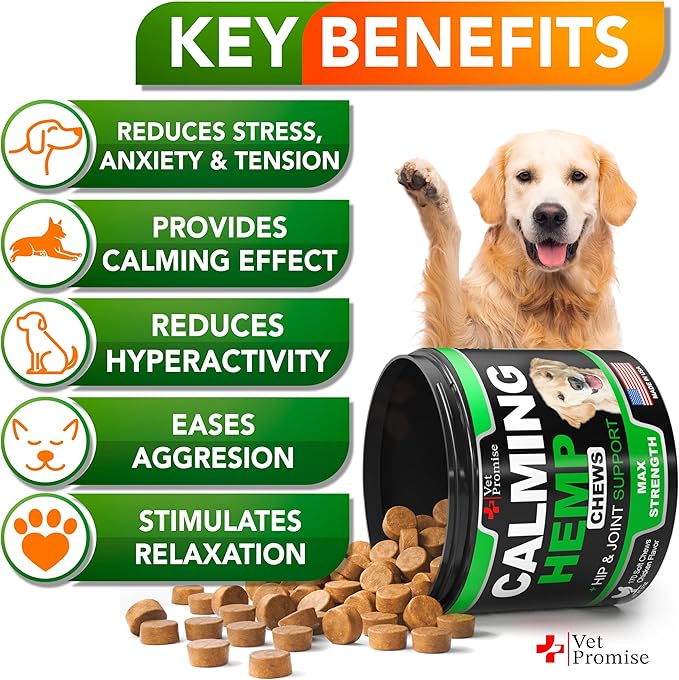Vet Promise Hemp Calming Chews for Dogs Anxiety - Advanced Dog Calming Chews - 170 Treats - Dog Anxiety Relief with Hemp Oil - Hip and Joint Supplement Health Support for Dogs - Made in USA