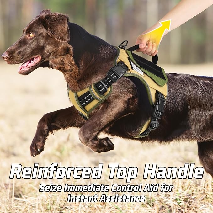WINGOIN Tactical Dog Harness for Medium Dogs, No Pull Harness with Handle 2 Pockets Poop Bag, Reflective Dog Vest, Military Service Heavy Duty Big Dog Harness for Walking Hiking Training, Khaki, M