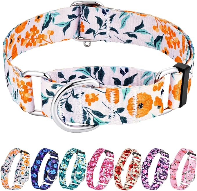 Hikiko Martingale Collar for Dogs with No Buckle Flower Dog Collars Comfortable Nylon Training Collar for Large Dogs,Retro Orange Flower,L