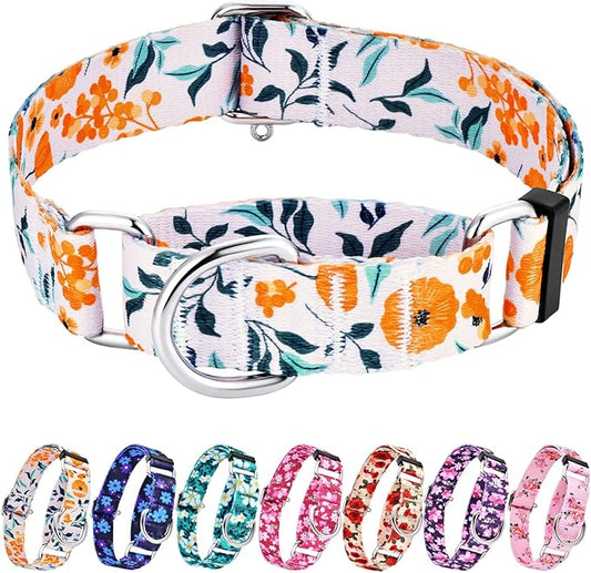 Hikiko Martingale Collar for Dogs with No Buckle Flower Dog Collars Comfortable Nylon Training Collar for Large Dogs,Retro Orange Flower,L
