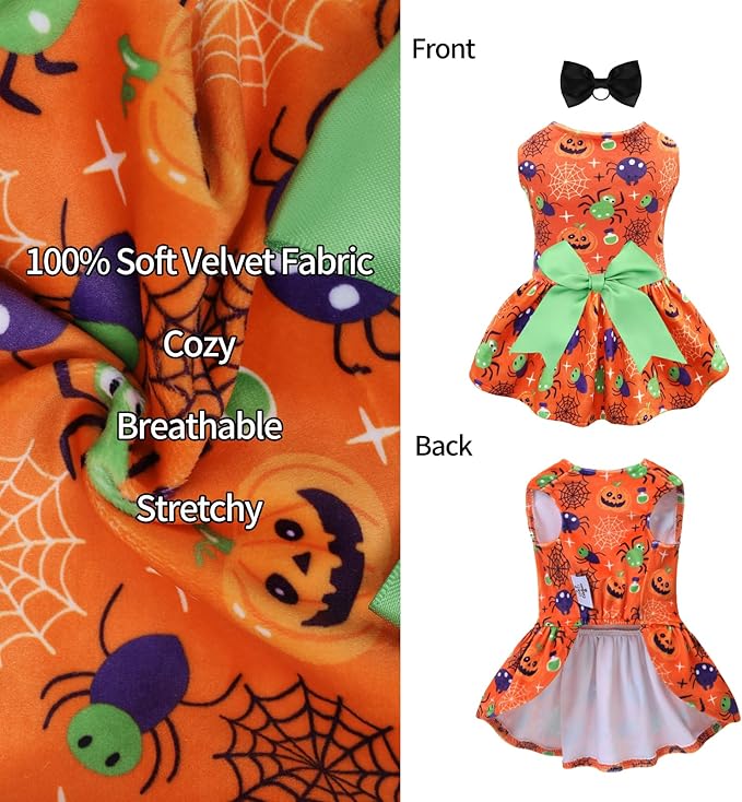 CuteBone Halloween Dog Dresses Velvet Holiday Small Dogs Clothes Onesie Pet Apparel Girl Puppy Skirt with Bow Hair Rope CVA47M
