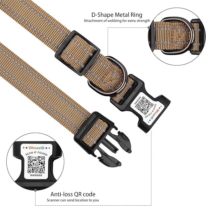 Dog Collar with QR Code, Reflective Dog Collar, Soft Neoprene Padded & Safety Locking Buckle Adjustable Pet Collar (Brown, M-with Airtag Holder)
