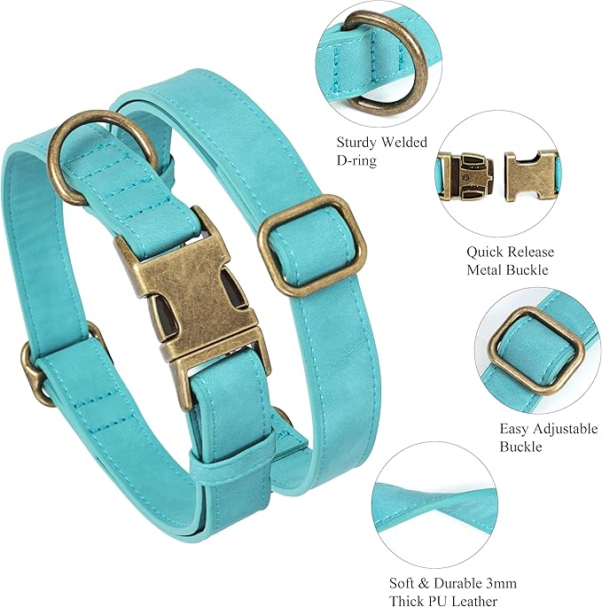 Soft Leather Dog Collar for Small Medium Large Dogs, Heavy Duty Dog Collar Leather with Quick Release Metal Buckle, Durable & Adjustable for Small Dogs Walking (Teal Blue, S)