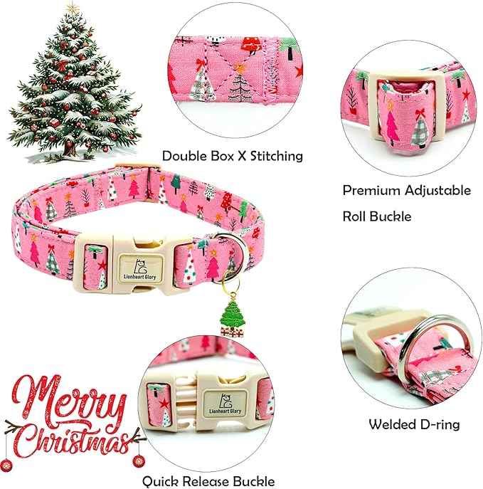 Lionheart Glory Christmas Dog Collar, Pink Christmas Tree Adjustable Soft Comfortable Collar for Medium Dogs for Girls or Boys