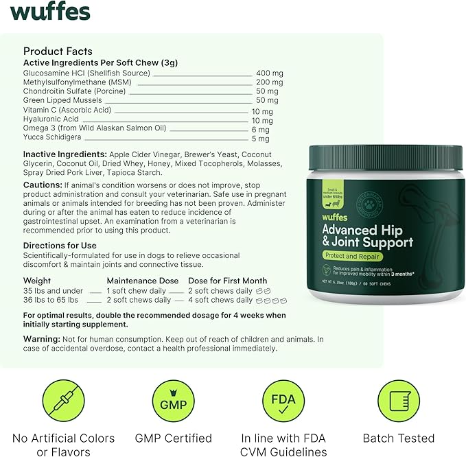 Wuffes Chewable Dog Hip & Joint Supplement - Glucosamine & Chondroitin Chews - Dog Joint Supplements & Vitamins - Extended Joint Care (Small&Medium Breeds (0-65 lbs), 120 Chews (Pack of 2))