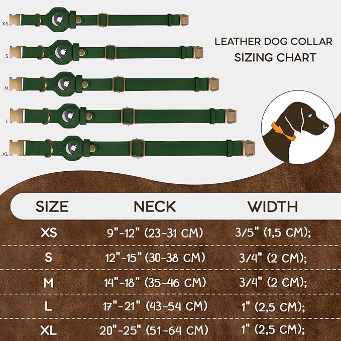 AirTag Dog Collar - Genuine Leather Dog Collar with Apple AirTag Holder and Metal Buckle - Smart GPS Tracking Pet Collars for Small Medium Large Dogs Puppy (Dark Green, XL, 20"-25" Neck Fit)