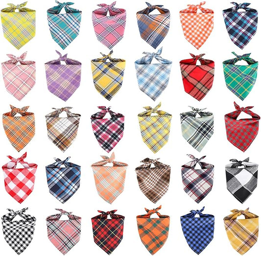 Segarty 30 Pack Triangle Dog Bandanas, 22.8"x15.7" Plaid Bibs Washable Pet Scarf Accessories Bulk for Small Medium Dogs Cats Large Puppy, Adjustable Reversible Boy Pets Birthday Kerchief