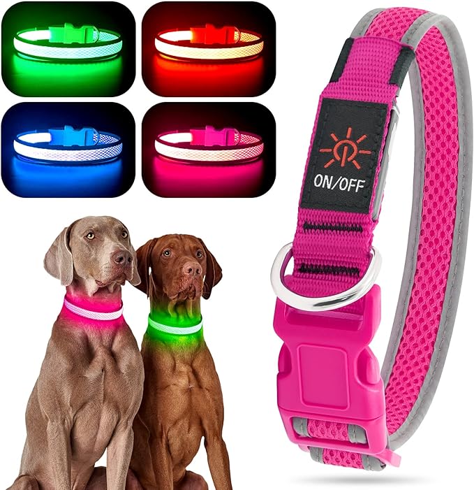 YFbrite Light up Dog Collar, USB Rechargeable LED Puppy Collar Super Bright Adjustable Glowing Dog Lights for Night Walking (Pink, Large)