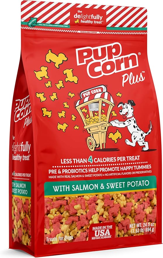 Pup Corn Plus - Puffed Dog Treats with Prebiotics and Probiotics - Salmon & Sweet Potato (24oz) - Made in USA (Pack of 2)