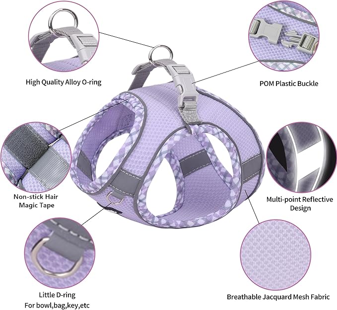 AIITLE Teacup Puppy Harness with Leash - Adjustable Soft Vest with Magic Velcro & Reflective Safety Strips, Easy-Put-On for Poodles, Pomeranians - Gym, Hiking, Travel (Purple, S)