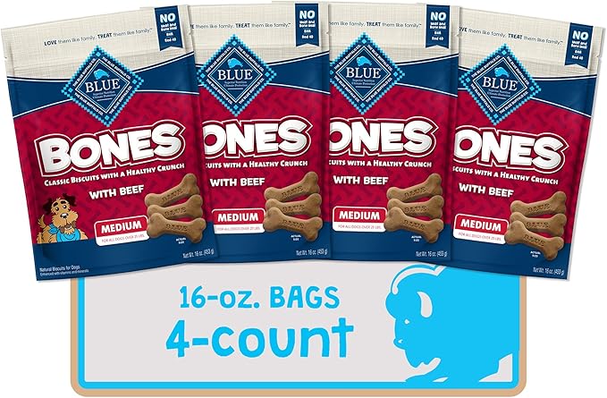 Blue Buffalo Bones Natural Crunchy Dog Treats Medium Dog Biscuits Beef, 16oz. Bag, 4 Count