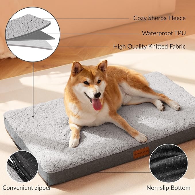 Patas Lague Orthopedic Dog Bed for Medium Dogs, Soft Comfortable Waterproof Egg Crate Foam Medium Pet Beds Mat with Removable Washable Cover, 30''X20'' Grey