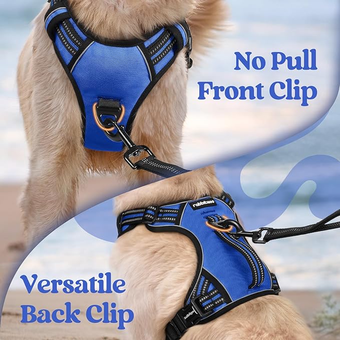 rabbitgoo Dog Harness for Large Dogs, No Pull Pet Harness with Soft Padded Handle, Adjustable Reflective Vest with 3 Buckles, Easy Walking Harness with 2 Leash Clips, Blue, M