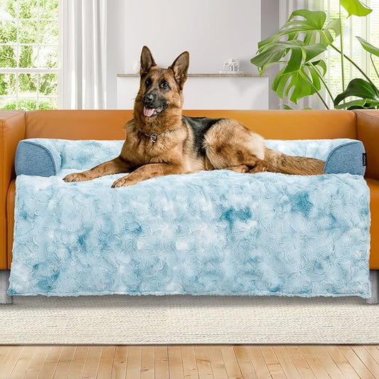 Calming Extra Large Dog Couch Bed for Dogs, 45 x 37 inch Waterproof Removable Dog Mat Couch Cover for Furniture Protector, Non-Slip Fluffy Pelsbarn Dog Bed for Couch, Sofa, Car - Tie-Dry Blue