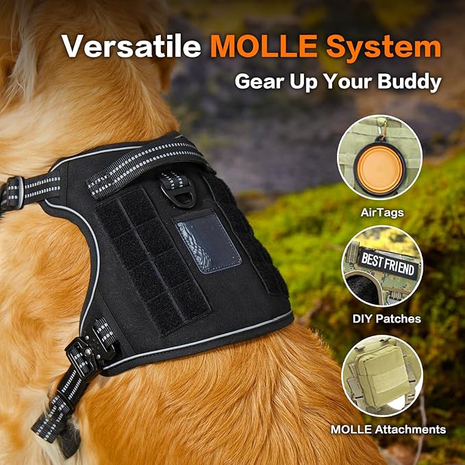 PawsPassion Tactical Dog Harness for Large Dogs, Chew-Proof Metal Hardware, Heavy Duty No Pull Dog Harness, Reflective Strips, Adjusting Ring, MOLLE System, Hook and Loop Panel (Stealth, L)