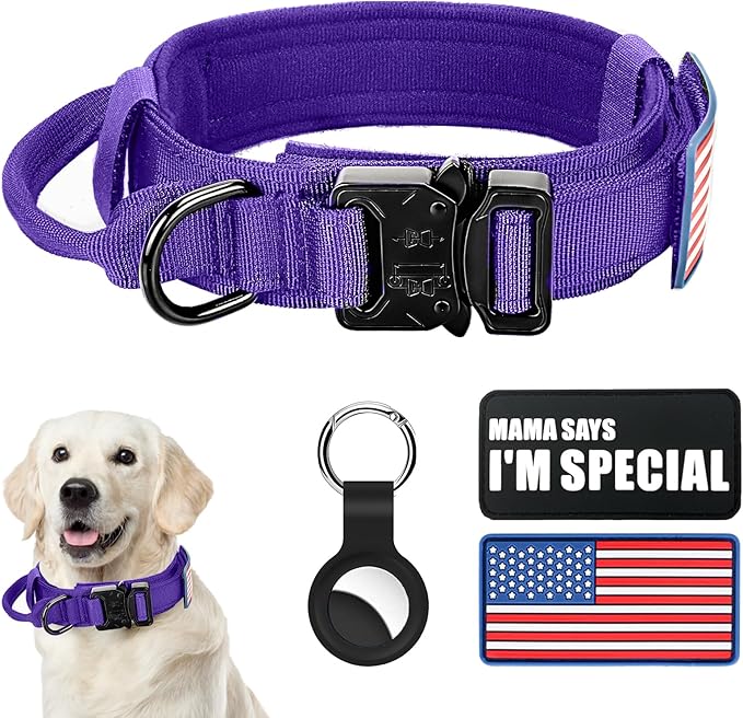 Tactical Military Dog Collar - Adjustable Nylon, Heavy Duty Metal Buckle With Handle for Training, With Patches (Purple, L)
