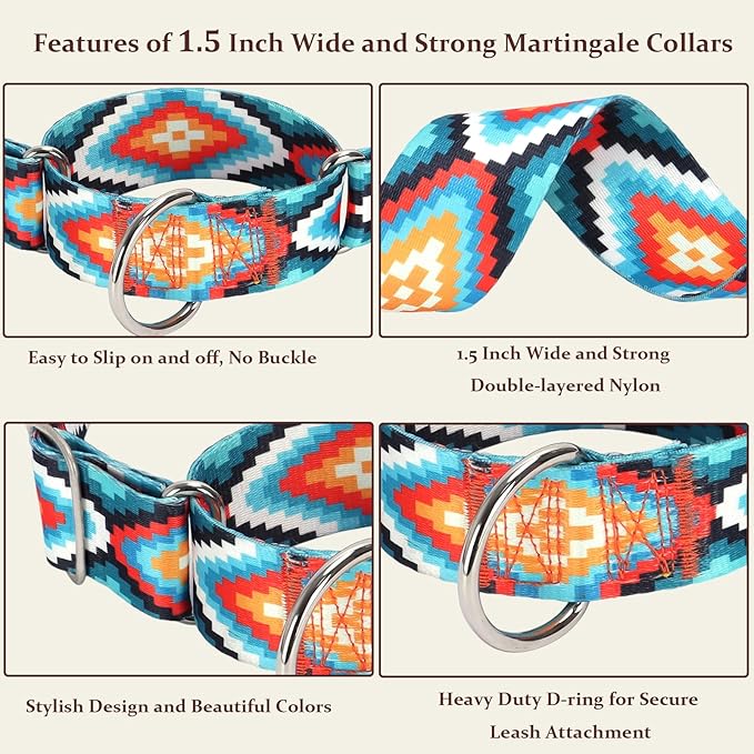 1.5 Inches Martingale Collar for Dogs,Adjustable Heavy Duty Training Collars with Blue African Tribal Mexican Native Boho Pattern, No Slip Dog Collar Perfect for Training, Walking, Hunting(L)