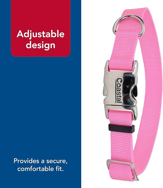 Coastal Pet Adjustable Dog Collar with Metal Buckle - Comfortable Fade-Resistant Dog Collar with Snap Lock - Perfect for Walking & Tie Outs - Pink Bright - 5/8" x 10"-14"