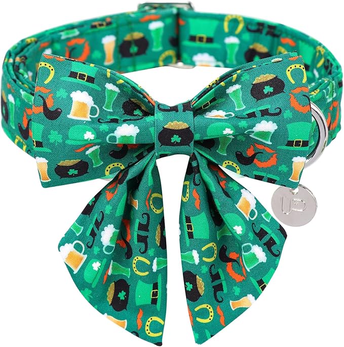 St. Patrick's Dog Collar with Bow Tie, Cotton St. Patrick's Bowtie Collar for Girl Boy Dog, Lucky Shamrock Dog Collar with Metal Buckle, Green, Spring, XS