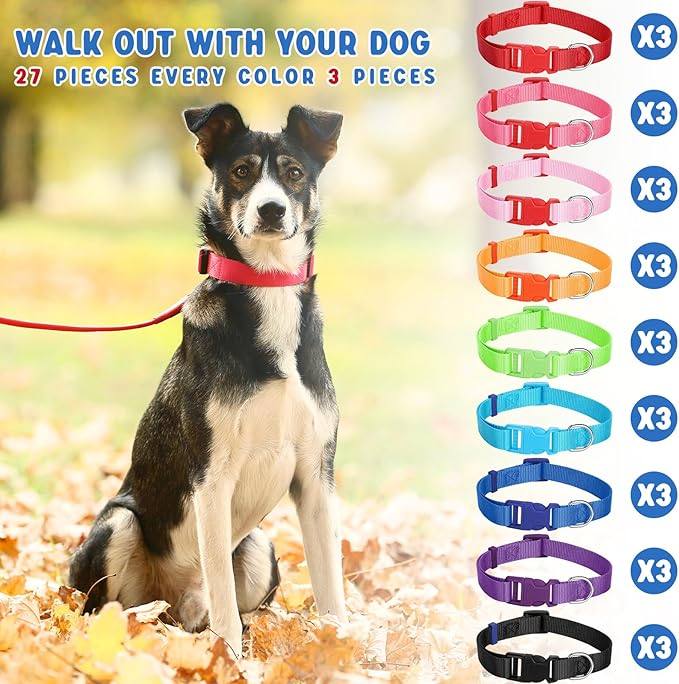 Amylove 27 Pcs Dog Collar Bulk Adjustable Nylon Puppy Collar for Small Medium Large Dogs Multiple Pet with Quick Release Buckle for PET Travel Walk Daily(Medium,Bright Colors)
