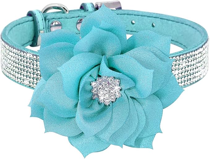 Cute Dazzling Sparkling Soft Suede Leather Dog Rhinestone Collar, Crystal Diamond Buckle, Blue, XS