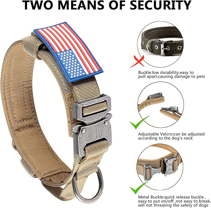 DAGANXI Tactical Dog Collar, Adjustable Military Training Nylon Dog Collar with Control Handle and Heavy Metal Buckle for Medium and Large Dogs, with Patches and Airtags Case (XL, Brown)
