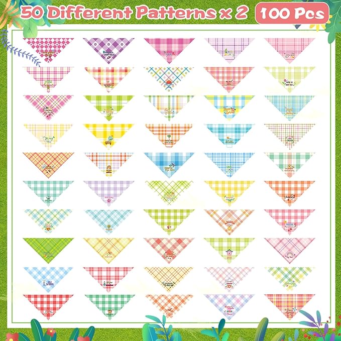 Sweetude 100 Pcs Spring Plaid Dog Bandanas Bulk with Sayings Spring PET Scarf Bibs Adjustable Washable Kerchief Seasonal PET Costume Accessories Grooming Supplies for Small to Large Cats Dogs