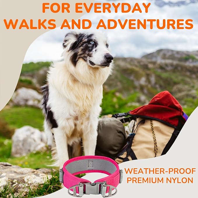 Durable 2-inch Adjustable Dog Collar for Large Dogs – Reflective, Heavy-Duty Metal Buckle, Comfortable Mesh Lining, Includes US Flag Patch and Versatile AirTag Holder (Pink, Large: Fit 18" - 23" Neck)
