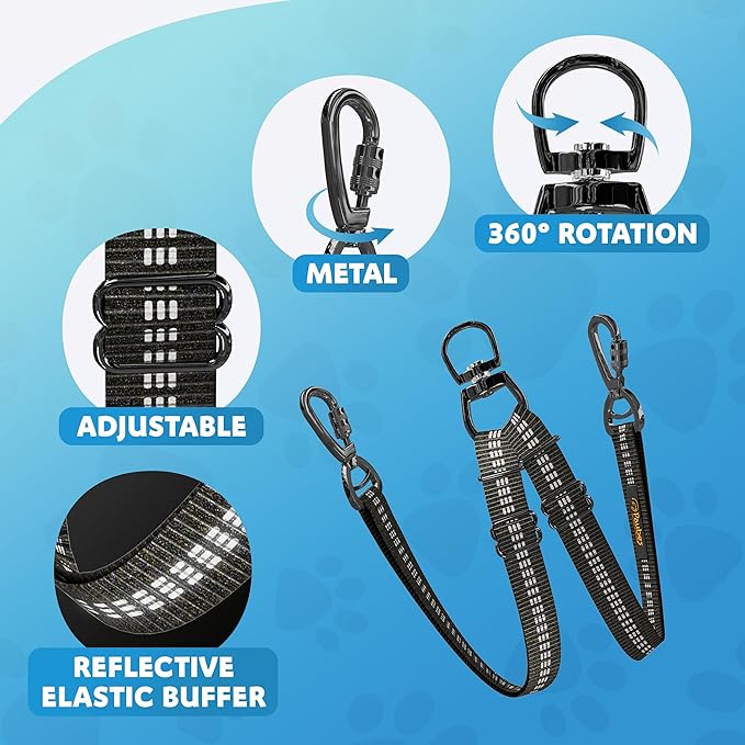 Double Dog Leash – Adjustable Length Long Leash for Dog Training – Dual Reflective Dog Leash with Non-Tangle Design – Heavy Duty Nylon and Metal Buckles – Ideal (Black, Large)