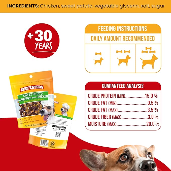 Beefeaters Sweet Potato Wrap with Chicken 40oz – Dog Treat. No Corn, Wheat, Soy or Gluten, Low Fat, Whole Muscle Jerky, Ideal for Training & Snacks