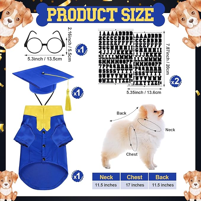 5 Pcs Dog Graduation Costume Set Include 2025 Pet Graduation Gown with Stole Puppy Grad Cap Lensless Glasses DIY Letter Stickers for Dogs Cats Holiday Costume Accessory(Blue Yellow,S)