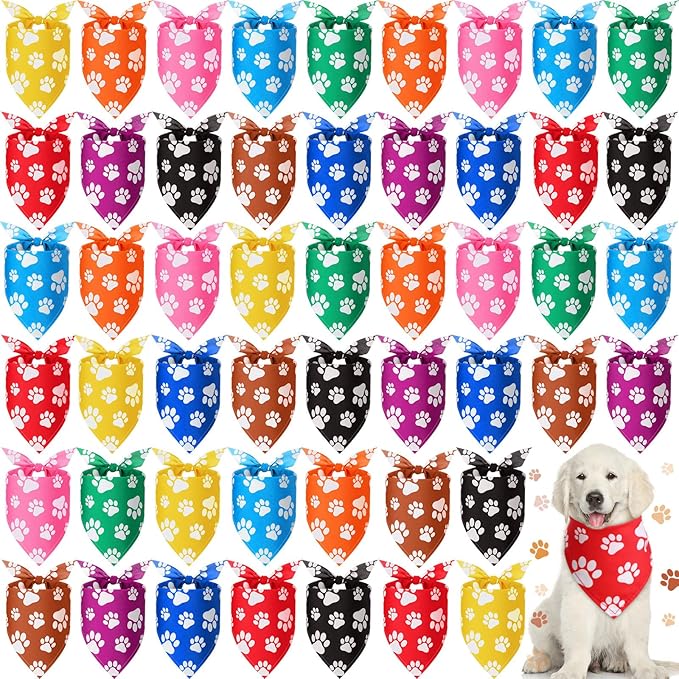 Sanwuta 50 Pcs Paw Print Dog Bandanas Bulk Colorful Paw Bandanas for Dogs Pets Triangle Kerchief Bib Scarf for Puppy Small Medium Large Pets Costume Accessories