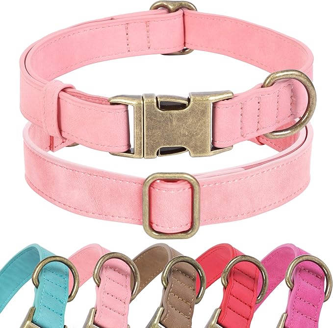 Soft Leather Dog Collar for Small Medium Large Dogs, Heavy Duty Dog Collar Leather with Quick Release Metal Buckle, Durable & Adjustable for Medium Dogs Walking (Pink, M)