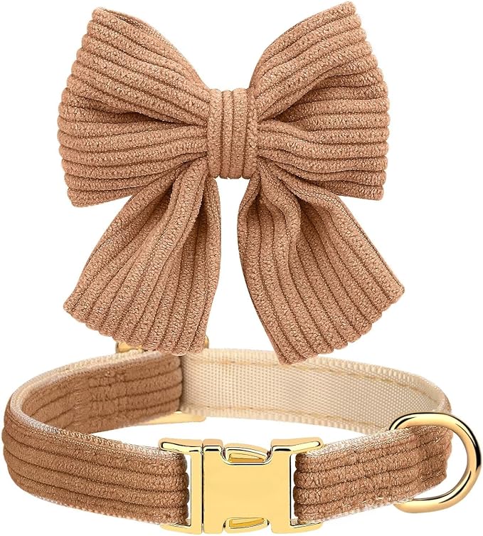 Didog Dog Collar and Leash Set with Bowtie, Girl Dog Collars Metal Buckle Adjustable for Small Medium Dogs(Brown, S)