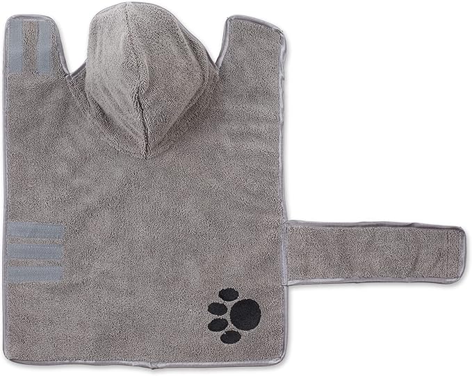 Bone Dry Pet Robe Collection, Embroidered Absorbent Microfiber Bath Robe with Adjustable Closure, for Dogs & Cats, Small, Gray