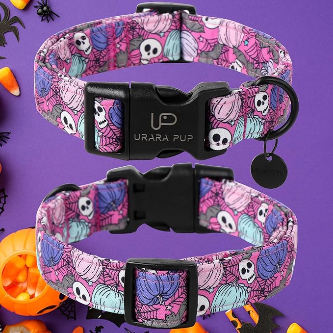 Halloween Dog Collar, Autumn Cotton Collar for Puppy Girl Dog or Cat, Halloween Themed Collar with Pumpkin,Ghost,Bat Pattern, Adorable& Lightweight Pet Collar,M