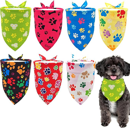 7 PCS Paw Print Dog Bandanas for Small Dog Kittens 18 Inch Polyester Dogs Bandana for Puppy Doggy XS Scarves Party Grooming S