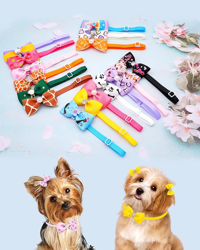 PET SHOW 60 Pack 20 Set Small Dog Hair Bows with Rubber Bands and Bowties for Dogs Boys and Girls Adjustable Pet Collar Bow Ties Hair Grooming Accessories Assorted