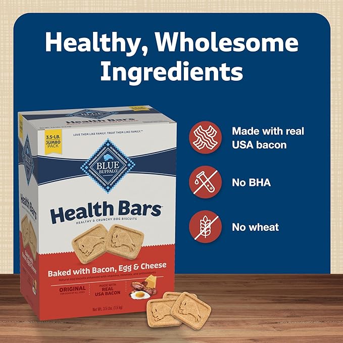 Blue Buffalo Health Bars Crunchy Dog Biscuits, Oven-Baked With Natural Ingredients, Bacon, Egg & Cheese, 3.5 -lbs. Box