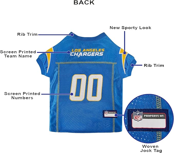 Pets First NFL Los Angeles Chargers Dog Jersey, Size X-Small. Best Football Jersey Costume for Dogs & Cats. Licensed Jersey Shirt