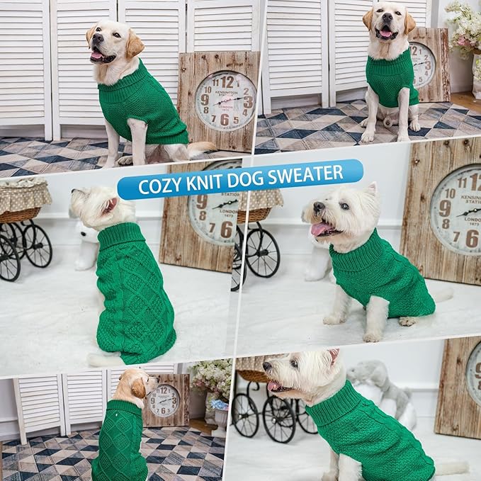 Mihachi Turtleneck Dog Sweater - Winter Coat Apparel Classic Cable Knit Clothes with Leash Hole for Cold Weather, Ideal Gift for Pet in New Year Green Medium/Large